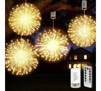 Lot de 4 guirlandes lumineuses LED à suspendre pour l'extérieur - Blanc chaud - Batterie - Étanche - Éclairage de Noël - Télécommande - Pour décoration intérieure et extérieure (120 LED)