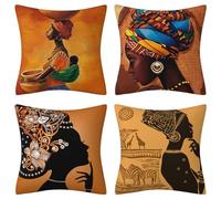 Lot de 4 Housse 60x60cm Femme africaine ethnique Housses Coussin pour Canapé Exterieur Lin Housses de Coussin avec Fermeture éclair Invisible Taie Oreiller pour Salon Chambre Lit Jardin Decoration
