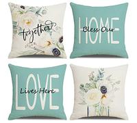Lot de 4 Housse Coussin Canapé Decoration Housses de Coussin avec Fermeture éclair Invisible Housse de Coussin Chambre,Lit,Jardin,Voiture Décor Taie d'oreiller Lettres florales blanches vertes 35x35cm