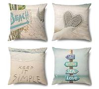 Lot de 4 Housse de Coussin 35x35cm Taie d'oreiller Décoratif en Super Doux Carré Double Face Fermeture Glissière Invisible Plage En Bord De Mer 14x14inch pour Salon Chambre Voiture Canapé Decoration