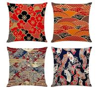 Lot de 4 Housse de Coussin, 65x65cm Motif japonais housses coussins canapé Décoratif Double Face, housse coussin salon de Jardin Exterieur pour Canapé Salon Chambre Chaise Jardin Maison Décoration