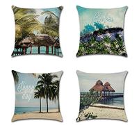 Lot de 4 Housse de coussin Coconut Tree House Mer Plage carré au taie oreiller aspect lin avec Fermeture Glissière Invisible coussin Housse pour Maison Salon Canapé Chambre Decor 16x16inch/40x40cm