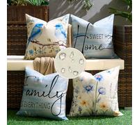 Lot de 4 Housse de Coussin de Imperméable Lin Bleu Housse Coussin D'oreiller 45 x 45 Taie D'oreiller Décorative Fleurs Oiseaux Deco en Printemps Été pour Salon Chambres Canapé Exterieur Jardin