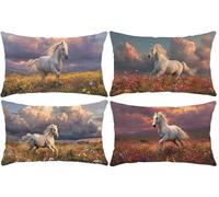 Lot de 4 Housse de Coussin Décorative Rectangulaire ImperméAble, Cheval blanc des prairies Coussins Canapé, Velours Taies D'Oreillers, Ferme, Pour Balcon, Sofa, Décoration Chambre 50 x 100 cm w-90