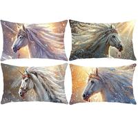 Lot de 4 Housse de Coussin Décorative Rectangulaire ImperméAble, Le cheval blanc Coussins Canapé, Lin Taies D'Oreillers, Ferme, Pour Exterieur, Balcon, Sofa, Décoration Chambre 50 x 100 cm w-26