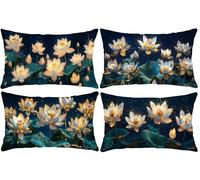 Lot de 4 Housse de Coussin Décorative Rectangulaire ImperméAble, Lotus de rêve Coussins Canapé, Lin Taies D'Oreillers, Ferme, Pour Exterieur, Balcon, Sofa, Décoration Chambre 50 x 100 cm w-602