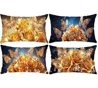 Lot de 4 Housse de Coussin Décorative Rectangulaire ImperméAble, Roses jaunes de rêve Coussins Canapé, Velours Taies D'Oreillers, Ferme, Pour Balcon, Sofa, Décoration Chambre 35 x 70 cm w-604