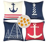 Lot de 4 Housse de Coussin Extérieur Imperméable 40x40 cm Nautique Bleu Marin Ancre Phare Voilier Taie d'oreiller Décoratif pour Canapé Lits Chaises Voiture Salon Maison Décor