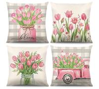 Lot De 4 Housse De Coussin Fleurs 40 X 40 Cm,Printemps Fleur De Jardin Polyester Lin Décoratif Taie D'oreille,Plantes De Fleurs Sauvages Printanières Housses De Coussin,Pour Canapé Home Décor (A)
