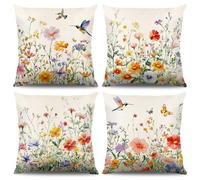 Lot De 4 Housse De Coussin Fleurs 40 X 40 Cm,Printemps Fleur De Jardin Polyester Lin Décoratif Taie D'oreille,Plantes De Fleurs Sauvages Printanières Housses De Coussin,Pour Canapé Home Décor (C)