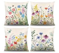 Lot De 4 Housse De Coussin Fleurs 40 X 40 Cm,Printemps Fleur De Jardin Polyester Lin Décoratif Taie D'oreille,Plantes De Fleurs Sauvages Printanières Housses De Coussin,Pour Canapé Home Décor (B)