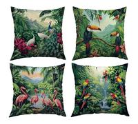 Lot de 4 Housse de Coussin Motif Animaux de la jungle Décoratif Canapé Lmpression Recto Verso Taie d'oreiller Paysage tropical Decoration Housses de Coussin en Velours pour canapé Home Decor 35x35cm