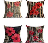 Lot de 4 Housse de Coussin Rouge, 50x50cm Housse Coussin VeloursImpression Recto Verso de Canapé Fleur Exterieur Impermeable pour Décoration Maison Salon Chambre w-1255