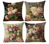 Lot de 4 Housse de Coussin Taie d'oreiller Décoratif Velour Carré avec Fermeture Glissière Invisible Housse Coussin Recto-verso pour Voiture De La Maison Canapé,45x45cm(Fleurs de pivoine vintage)