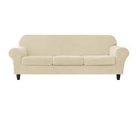 Lot de 4 housses de canapé en velours extensible pour canapé 3 places avec 3 housses de coussin séparées, collection Split Collection - Housse de protection de meubles beige