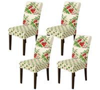 Lot de 4 housses de chaise pour chaises de salle à manger, herbes et feuilles d'ail naturelles - Rouge été élasthanne - Lavables - Décoration pour cuisine, salon, fête