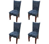 lot de 4 housses de chaises de salle à manger Housse de chaise extensible Dossier haut Housse de chaise (Feuilles bleues)