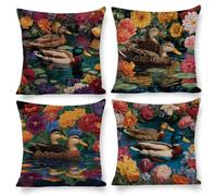 Lot de 4 Housses de Coussin 35 x 35 Fleurs canard mandarin Coussins Coton Lin Housse Coussin Printemps Automne Coussins Extérieure Carrées Décoratif pour Lit Salon Chambre Canapé Jardin Décor I-210