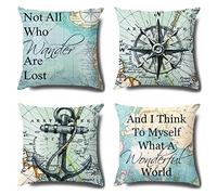 Lot de 4 Housses de Coussin 35x35cm Carte du monde nautique lin Coussin Canape Carte du monde nautique Housse Coussins de Canapé en Taies d'oreiller de Canapé Salon Coussin Decoratif Maison 35x35cm