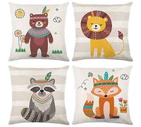 Lot de 4 housses de coussin 40 x 40 cm - En lin naturel - Pour enfants - Motif lion, renard, ours - Multicolore - Pour le salon, la chambre d'enfant, la fête des enfants