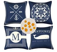 Lot de 4 Housses de Coussin 40 x 40 cm Nautiques Bleu Marin Taie d'oreiller Imperméable Lin Boussole Ancre Gouvernail Dauphins Housses Coussin Carre pour Canapé Terrasse Intérieure Extérieur Jardin