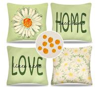 Lot de 4 Housses de Coussin 40x40cm D'extérieur Imperméable Verte Fleurs Printanières Housse Coussin Décorative Lin Marguerite Blanche Taie d'oreiller Carrée pour Canapé Lit Jardin Extérieur