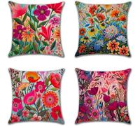 Lot de 4 Housses de Coussin 45x45cm Housse de Coussin Rose Fleur Papillon Coussin Decoratif Coussin Canape en Lin Coussin Exterieur pour Salon Chambre Cour Jardin Voiture Maison Deco Automne