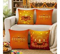 Lot de 4 housses de coussin avec citation Diwali Festival Diya 35,6 x 35,6 | Housses de coussin sur le thème du festival Diwali, lampe à huile traditionnelle, tons d'automne orange, mandalas et fleurs