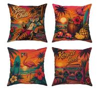 Lot de 4 housses de coussin avec fermeture éclair dissimulée - Motif tigre tropical rétro - Oiseaux tropicaux tropicaux, noix de coco - Orange d'été - Pour salon, appartement, lit, canapé - 55,9 x