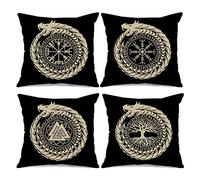 Lot de 4 Housses de Coussin avec Motif de Runes Vikings, Arbre de Vie, Dragon Fantaisie Nordique et Boussole Vegvisir pour extérieur et Salon sur Le canapé (45 x 45 cm)