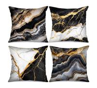 Lot de 4 housses de coussin avec motif marbré noir, blanc et doré, abstraites, pour canapé, maison, bureau, à offrir (45 x 45 cm)