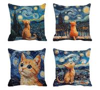 Lot de 4 Housses de Coussin Canapé 60x60cm Décoratives Double Face Taie d'oreiller en Velours Ciel Étoilé Coussin Carré Chat Taie d'oreiller pour Chambre, Bureau, Salon Canapé Voiture Ferme F0P-574