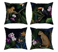 Lot de 4 housses de coussin carrées avec fermeture éclair dissimulée et motif léopard, orchidée toucan exotique tropicale pour maison, salon, chambre à coucher, dortoir, canapé, 35,6 x 35,6 cm, vert