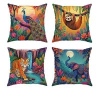 Lot de 4 housses de coussin carrées avec fermeture éclair dissimulée pour salon, appartement, lit, canapé, décoration motif paon, tigre tropical vif, vert d'été, 40,6 x 40,6 cm