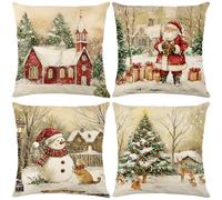 Lot de 4 Housses de Coussin de Noël, Rétro Housse d'oreiller 45 x 45, Taie d'oreiller Décorative le Père Noël Bonhomme de Neige, Noel Deco en Hiver pour Salon Chambres Canapé, Décoration Intérieure