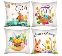 Lot de 4 housses de coussin de Pâques avec motif lapin de Pâques - Motif fleurs - Pour la maison, le bureau, le canapé, le lit, le canapé - 45,7 x 45,7 cm