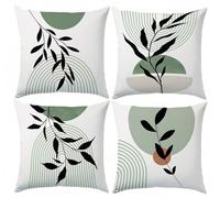 Lot de 4 Housses de Coussin Décoratives 65x65 cm Taie D'Oreiller en Lin Rayures Vertes Housses Coussins Motif Double Face Feuilles Noires Housse Coussin Salon de Jardin Exterieur pour Salon Canapé