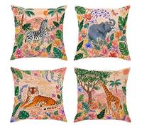 Lot de 4 housses de coussin décoratives à rayures avec fermeture éclair dissimulée pour maison, chambre à coucher, salon, canapé, canapé, motif tropical de Bohême, éléphant, tigre d'été (50,8 x 50,8
