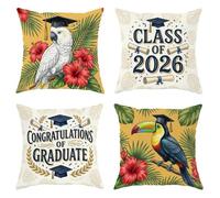 Lot de 4 housses de coussin décoratives avec fermeture éclair dissimulée - Motif cacatoès, toucan, hibiscus, remise de diplôme, jaune - 35,6 x 35,6 cm