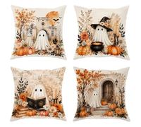 Lot de 4 housses de coussin décoratives avec fermeture éclair dissimulée - Motif fantôme - Citrouilles d'automne et bougies d'Halloween - 35,6 x 35,6 cm - Orange
