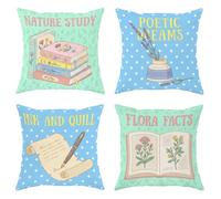 Lot de 4 housses de coussin décoratives avec fermeture éclair dissimulée, motif floral à l'encre printanière, bleu printanier, 30,5 x 30,5 cm