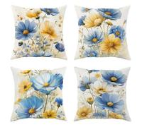 Lot de 4 housses de coussin décoratives avec fermeture éclair dissimulée, motif floral aquarelle cosmos, chrysanthème, bleu printemps (61 x 61 cm)