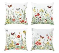 Lot de 4 housses de coussin décoratives avec fermeture éclair dissimulée, motif papillon, fleurs naturelles, herbe, vert printemps 40,6 x 40,6 cm