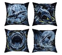 Lot de 4 housses de coussin décoratives avec fermeture éclair dissimulée, motif requin, aventure marine, vagues de l'océan, bleu d'été, 50,8 x 50,8 cm, bleu