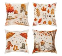 Lot de 4 housses de coussin décoratives avec fermeture éclair dissimulée pour décoration de maison, chambre à coucher, salon, canapé, motif de feuilles de parapluie d'automne rustique et de vélo, 35,6