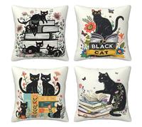 Lot de 4 housses de coussin décoratives avec motif chat noir et livres - Motif floral et papillon - Pour canapé, maison, bureau, extérieur - 40,6 x 40,6 cm