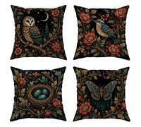 Lot de 4 housses de coussin décoratives carrées lavables en velours doux pour maison, chambre à coucher, salon, canapé, motif chouette, nid d'oiseau vintage, automne, noir, 30,5 x 30,5 cm