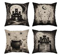 Lot de 4 housses de coussin décoratives château avec fermeture éclair dissimulée pour salon, lit, bureau, canapé, chaise, motif chaudron d'Halloween, 30,5 x 30,5 cm, noir