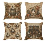 Lot de 4 housses de coussin décoratives en velours doux et lavable pour maison, chambre à coucher, salon, canapé, décoration d'Halloween, motif fantôme, citrouilles et bougies, beige, 40,6 x 40,6 cm