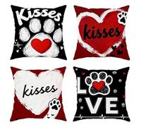 Lot de 4 housses de coussin décoratives en velours doux lavable à motif cœur et pattes de Saint-Valentin pour salon, lit, bureau, canapé, chaise, décoration de Saint-Valentin, rouge, 40,6 x 40,6 cm